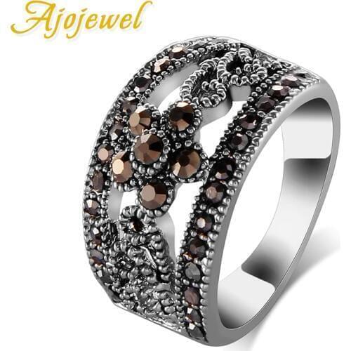 Ajojewel #6-10 Best Selling Fashion Jewelry Black CZ Flower Vintage Retro Ring Women
