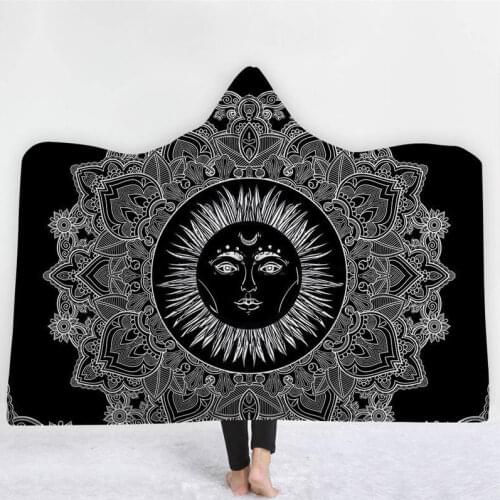 Religion Moon Sun Mandala Printed Hooded Blanket For Adults Kids Warm Wearable Fleece Woman Throw Blanket Microfiber On The Sofa