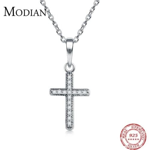 Modian New Sale Real 925 Sterling Silver Zirconia Hearts Cross Necklaces Pendants With Chain For Women Fashion Silver Jewelry