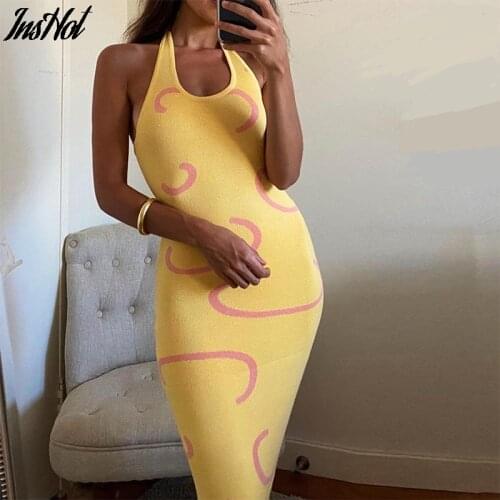 2021 Knitted Cotton Bodycon Dress Women Y2K Halter Neck Summer Yellow Sleeveless Midi Backless Party Sexy Dresses Beach
