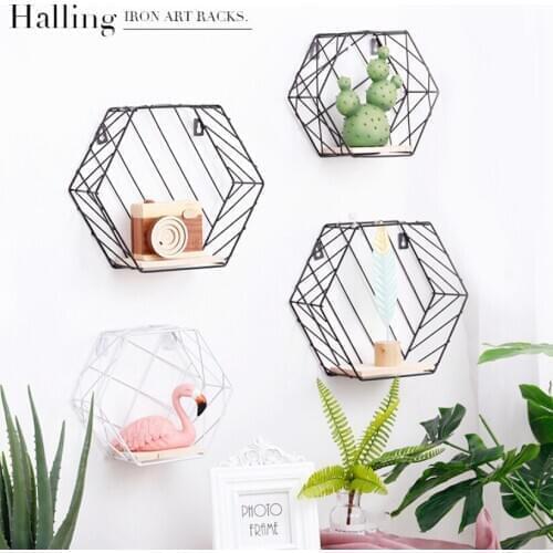 1PC Creative Wall Shelf Living Room Geometric Rack Nordic Style Hanging Organizer Shelves Iron Hexagon Storage Holder Home Decor