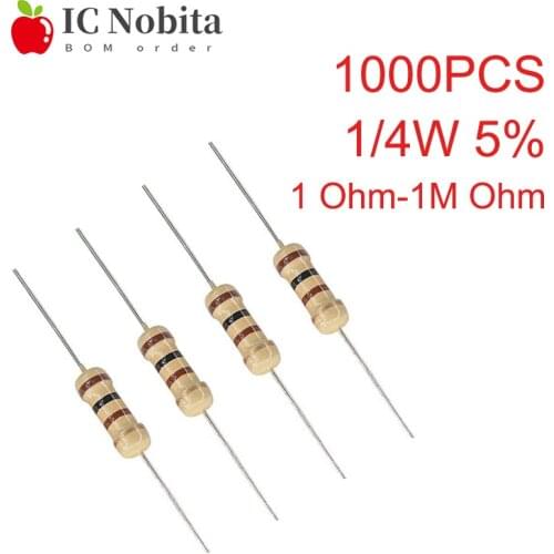 1000PCS 5% 1/4W 0.25W Carbon Film Resistors 1R~1M 0R 10R 100R 220R 330R 1K 2.2K 4.7K 10K 22K 47K 100K 220K 470K Ohm Resistance