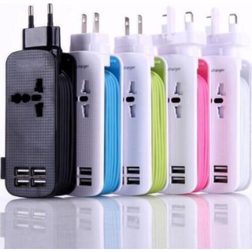 50pcs 4 USB Ports Adapter Travel Home Wall Charger Adapter 5V 4.2A 1.5M US AU UK EU Plug Extension Power Socket For iPhone