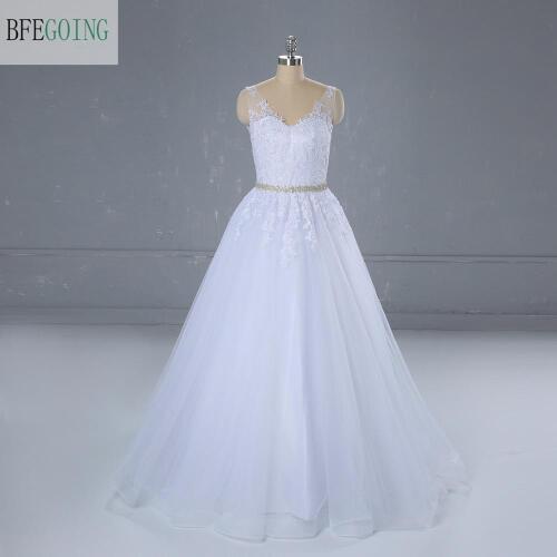 White Tulle Lace Appliques Beading Belt V-Neck Floor-Length A-line Wedding Dress Sleeveless Lace up Custom made