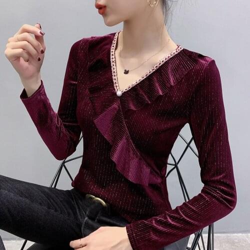 Blusas Mujer De Moda Fashion Ruffled Black Velvet Top Autumn Long Sleeve V-neck Ruffle Velvet Shirt Lady Beading Elegant Blouse