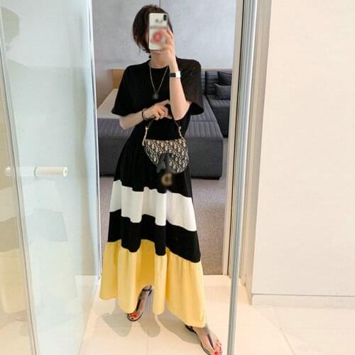 One-Piece Korean Elegant Fashion WomenS Dress 2021 Summer Round Neck Vintage Contrast Striped Cotton Dress Long Casual Dresses