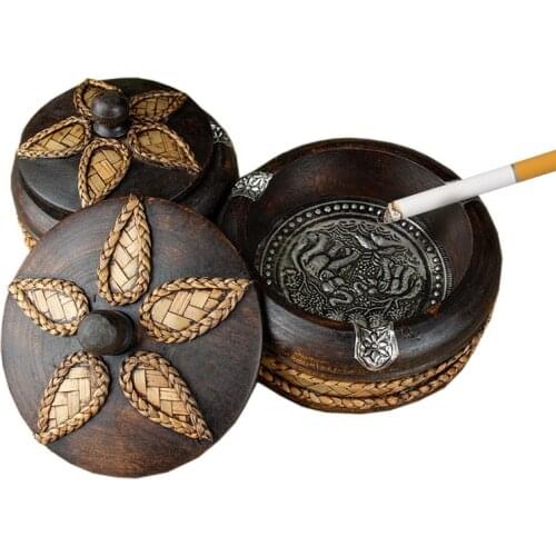 Southeast Asian Style Wooden Ashtray With Lid Cover Elephant Relief Old Wood Round