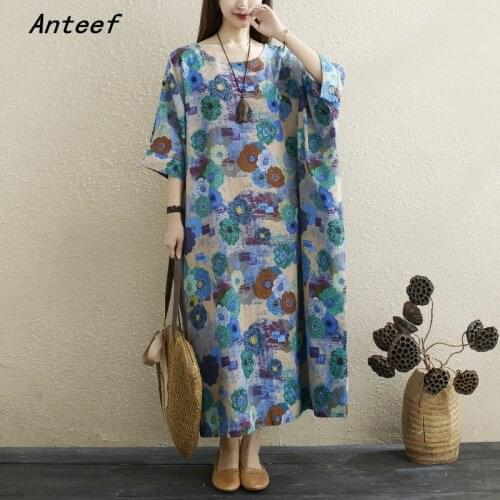 Cotton linen vintage floral dresses for women casual loose long woman summer dress elegant clothes 2021 sundress