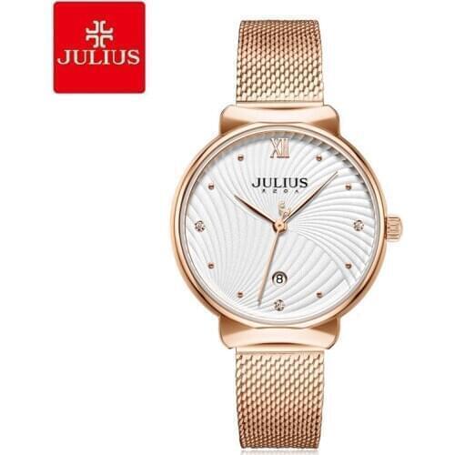 Julius Watch JA-1243 Womens Business Watch Radial Pattern Face Stainless Steel Mesh Band Watches With Date Function