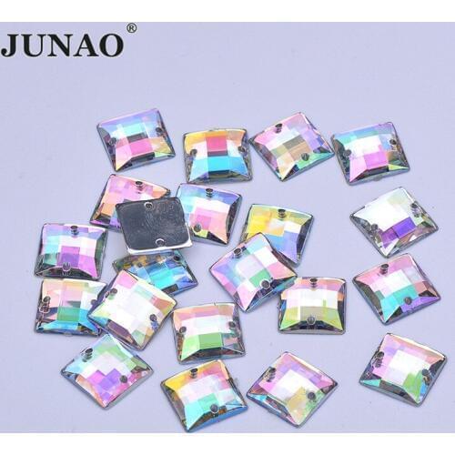 JUNAO 8mm 10mm Sewing AB Crystal Square Rhinestone Flatback Acrylic Crystal Applique Sew On Stones For Dress Needlework Crafts