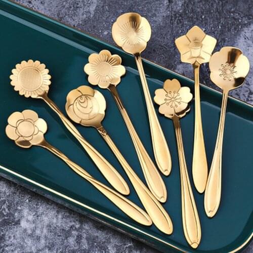 Creative Metal Ice Cream Coffee Spoon Flower Shape Shell Tea Spoons Gold Colors Afternoon Tea Dessert Teaspoon Cafe Tableware