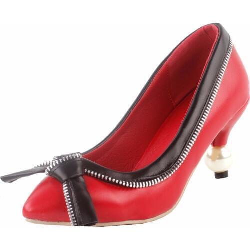 LF60401 Black White Zipper Stiletto Bows Bridal Party Pointed Toe Pearl Heel Pumps