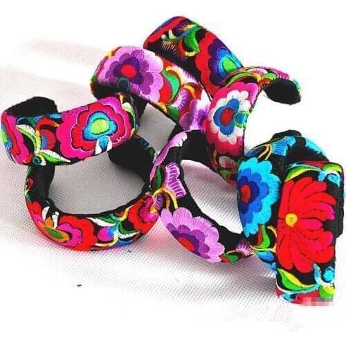 Mix Wholesale 10PCS Miao Ethnic Embroidered Bangles Colorful Flowers Open Cuff Shangri-la Crafts BB-489