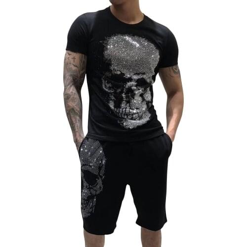 PLEIN BEAR PP Mens Rhinestone Graphic T-Shirt Skull Printed Bling Stone Studded Slim Fit Casual Tee for Man