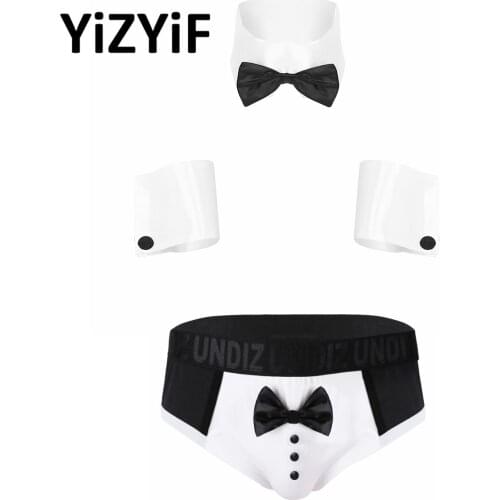 Men Lingerie Set Role Play Costume Nightwear Collar Cuffs with Color Block Cute Bow Tie Tuxedo Briefs Underwear
