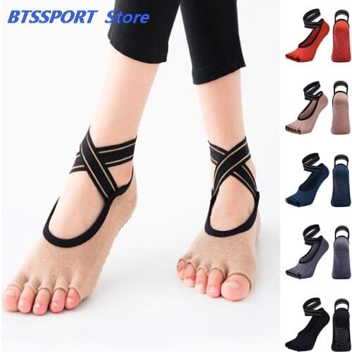 Yoga Socks Anti-slip Five Finger Backless Cross Bandage Silicone Non-slip Toeles