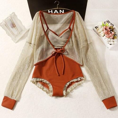 2021 New Women Long Sleeve One Piece Swimwear High Waist Bathing Suit Push Up Swimsuit Monokini Female Swimming Beachwear