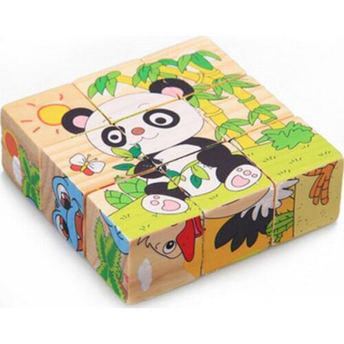 New 9pcs Wooden Cartoon Animal Puzzle Toys 6 Sides Wisdom Jigsaw Early Education Learning Toys Children Game Single 3D Puzzle
