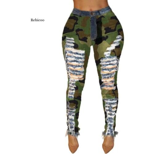 New Autumn Winter Female Denim Pants Women Skinny Hole Spliced Camouflage Print Jeans Sexy pencil Bandage Trousers