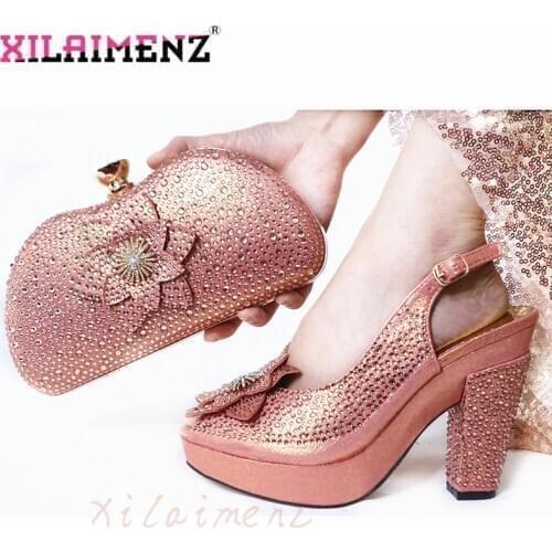 Peach High Quality Woman Luxury Crystal Shoes And Purse Set For Party African Rhinestone High Heels Wedding Shoes And Bag Set