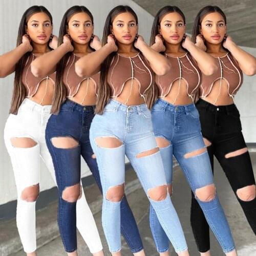 Sexy High Waist Ripped Holes Denim Pants Casual Trousers Pencil Jeans Women Skinny Pants Black Blue White Streetwear Jeans