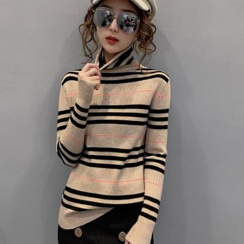 Women Striped Knitted Winter Pullover Elastic Casual Turtleneck Female Pull Jumper Long Sleeve Warm Pullovers Ladies Tops Femme