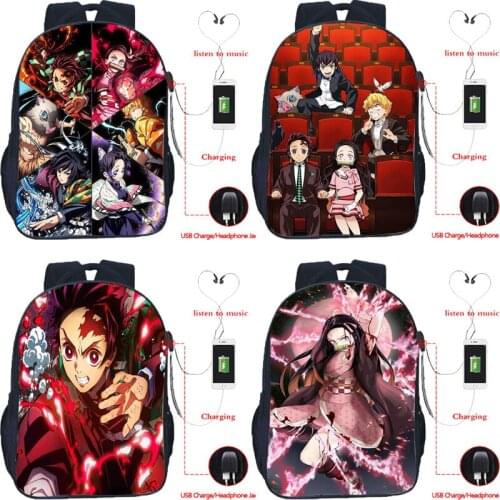 Anime Demon Slayer USB Backpacks Schoolbag for Teenage Girl Boys Large Capacity Mochila Kimetsu no Yaiba Travel Rucksack 16 Inch