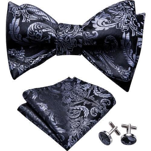 Self Bow Tie For Men Silk Butterfly Man Tie Black Floral Paisley Handky Cufflink Suit Collar Removable Necktie Barry.WangLH-1002