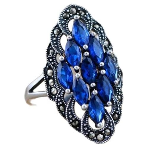 Silver jewelry wholesale 925 sterling silver jewelry inlaid silver blue corundum Marcasite ring by MS