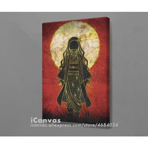 Nezuko Silhouette Deman Slayer Poster Framed Wooden Canvas Wall Art Decoration Prints for Living Room Home Frame Decor Painting