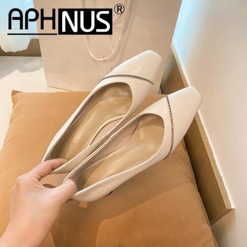 APHNUS Womens Shoes Mixed Colors Leather Low Mid Heels Pumps Woman 2021 Shoes For Women New