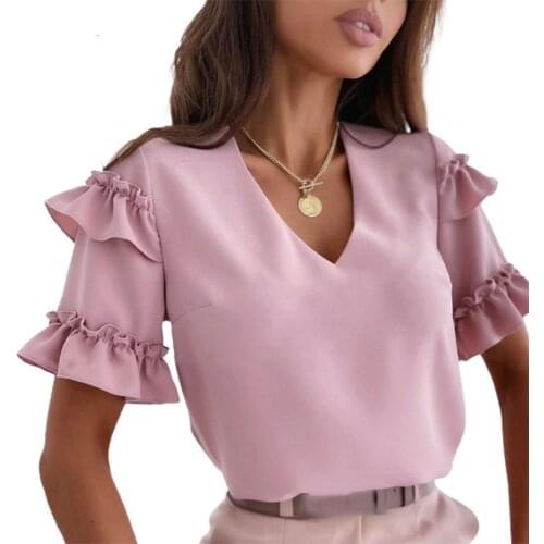 Summer Harajuku Style Tops Ruffle Stitching Loose Chic Women Solid Color Women T-shirt for Office Formal Wear