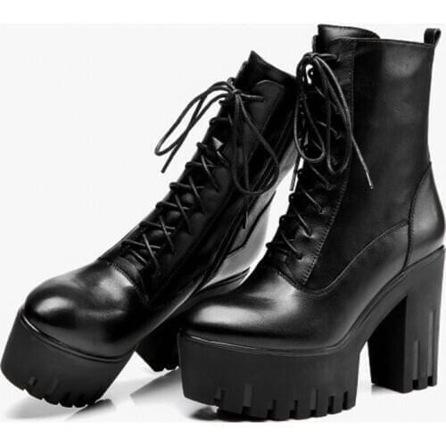 British Vintage Elastic Fabric Patchwork Genuine Leather Womens High Top Boots Cross Tied Thick Bottom High Heel Platform Boots