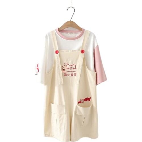 Biscuit Bear 2 Pcs Set Women Embroidery Short Sleeve T Shirt And Suspender Dress Students Mini Dresses Sweet Girl Sets Clothes