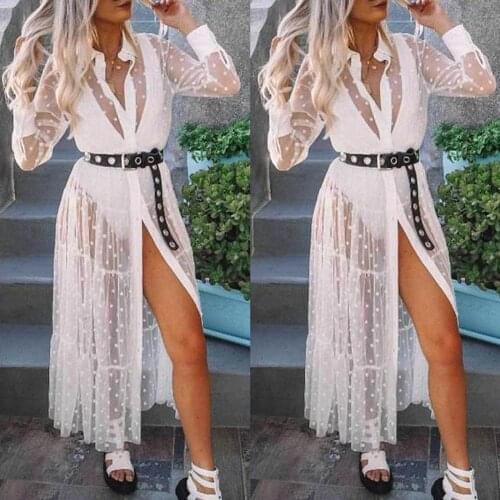 Women Summer Boho Short Maxi Dress Evening Party Dresses Female Sexy See-Through Wave point Long Sleeve Sundress