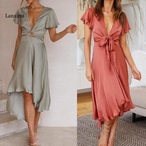 Summer Sexy Temperament Womens Short-sleeved Deep V-neck Irregular Dress Fashion Solid Color Lace-Up Maxi Dress For Women