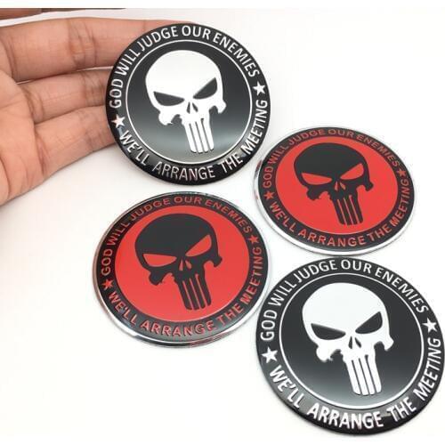 4pcs/sets 56.5mm Punisher Skull Logo Aluminum Car Steering tire Wheel Center sticker Label Skull Emblem Badge Stickers