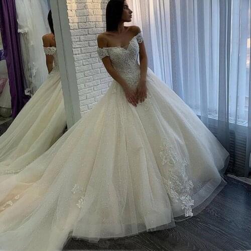 Ball Gowns Wedding Dresses 2021 White Ivory Tulle Wedding Gowns Plus Size Beads Simple Off Shoulder Marriage Customer Made