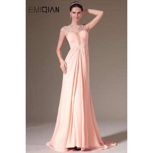 Free Shipping Popular Lace Top Cap Sleeve Pink Chiffon Evening Dresses