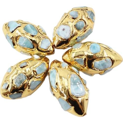 APDGG 5Pcs 18x32mm Yellow Gold Color Plated Natural Larimar Chips Gems Oval Beads For Necklace Pendant Jewelry DIY
