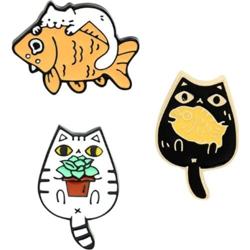 Enamel Pin Pines Badges Cat Fish Brooch For Hat Pins Backpacks Badge Metal Brooches Gifts For Women Jewelry Accessories