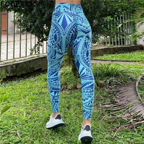 FCCEXIO High Waist Fitness Elastic Leggings Blue Aztecs Print Sexy Plus Size Leggins Casual Workout Sport Tight Pants