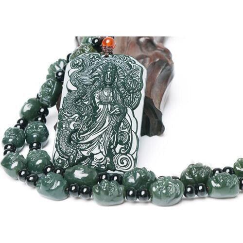 Fine Jewelry 100% Natural Hand Carved dark Green JadeKwan-Yin Jade Brand pendant Necklace Free Shipping
