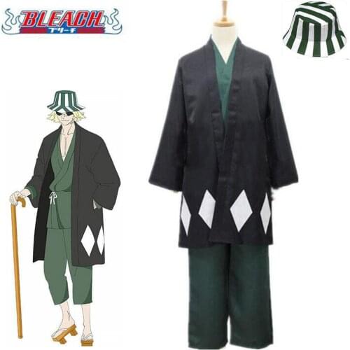 Anime Bleach Urahara Kisuke Gotei 13 Cosplay Costume Kimono Halloween For Men Women Full Outfit (Cape&Tops&Pants&Hat)