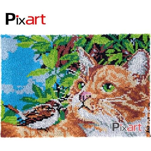 Latch Hook Rug Cat and Bird Crocheting Wall Tapestry Kits DIY Carpet Rug Chunky Yarn Needlework Knitted Floor Mat Hobby & Crafts