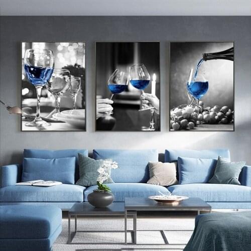Nordic Creative Black White Wine Glass Wall Art Canvas Paintings Blue Wall Art Prints and Posters Picture Living Room Home Decor