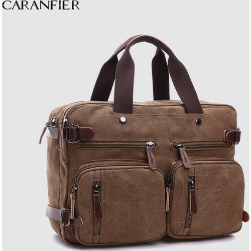 CARANFIER Mens Briefcase Business Canvas Two Layer Messenger Bag Multifunctional Large Capacity Laptop Double Shoulder Handbags
