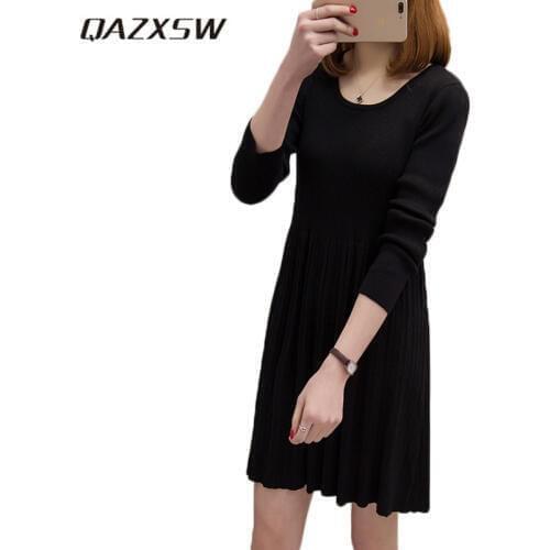 QAZXSW 2018 New Spring Women Plus Size Knitted Dress Harajuku Sweater Dress Pleated Mini Woolen Dress Vestidos Feminino HB569