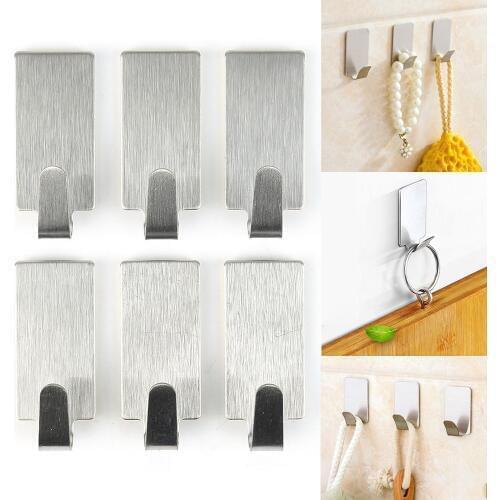 6PCS/Lot Stainless Steel Self Adhesive Towel Hooks Family Hats Bag Key Wall Sticky Hanger Kitchen Bathroom Accessories