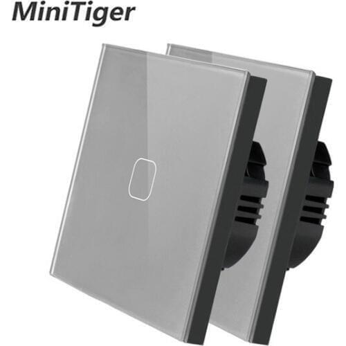 Minitiger EU Touch Switch 1/2 Gang 1 Way,Wall Light Touch Screen Switch,Gray Crystal Glass Switch Panel, 2 pcs/ pack